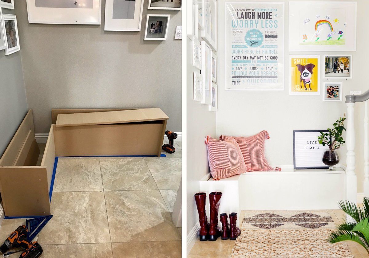 A before and after picture of a bench in a hallway.