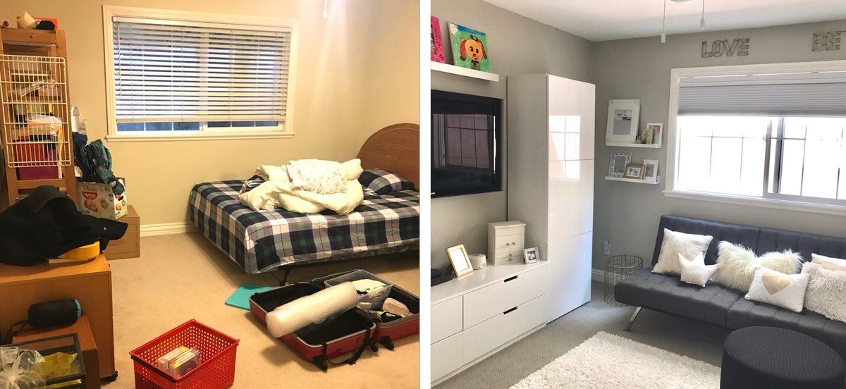 A before and after photo of a bedroom and a living room.