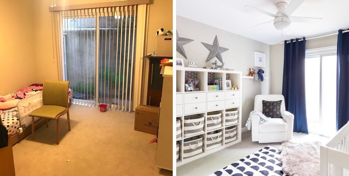 A before and after photo of a bedroom and a nursery.