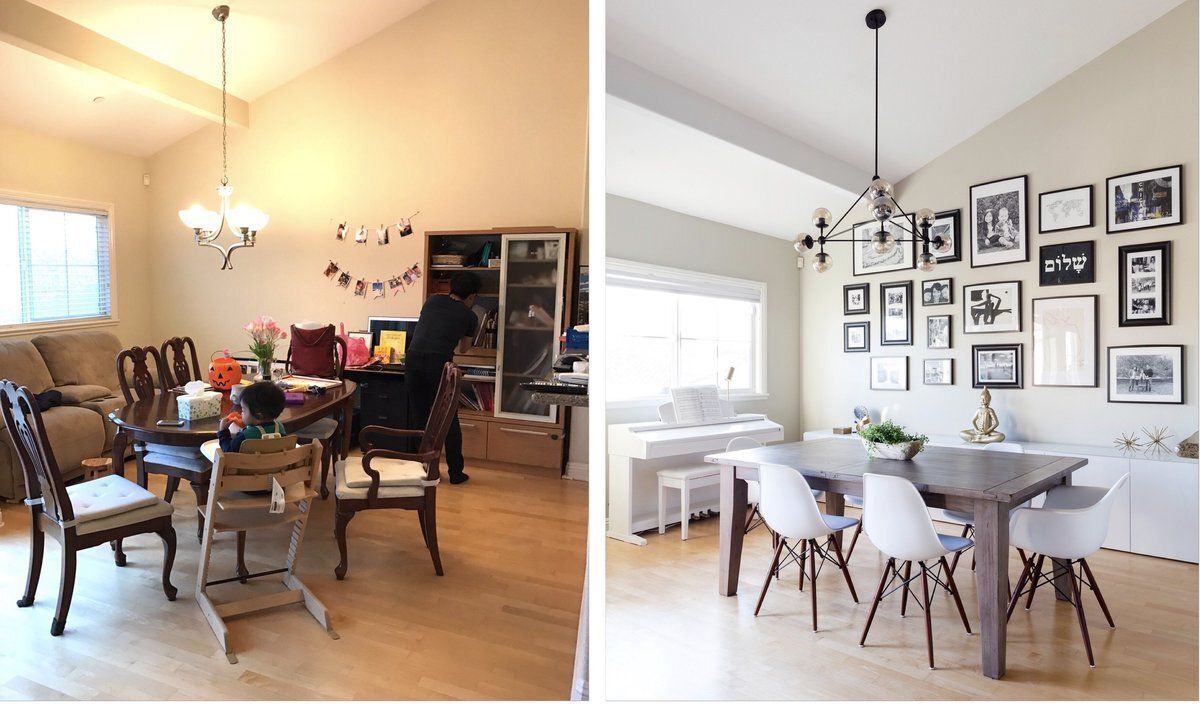 A before and after photo of a living room and dining room.