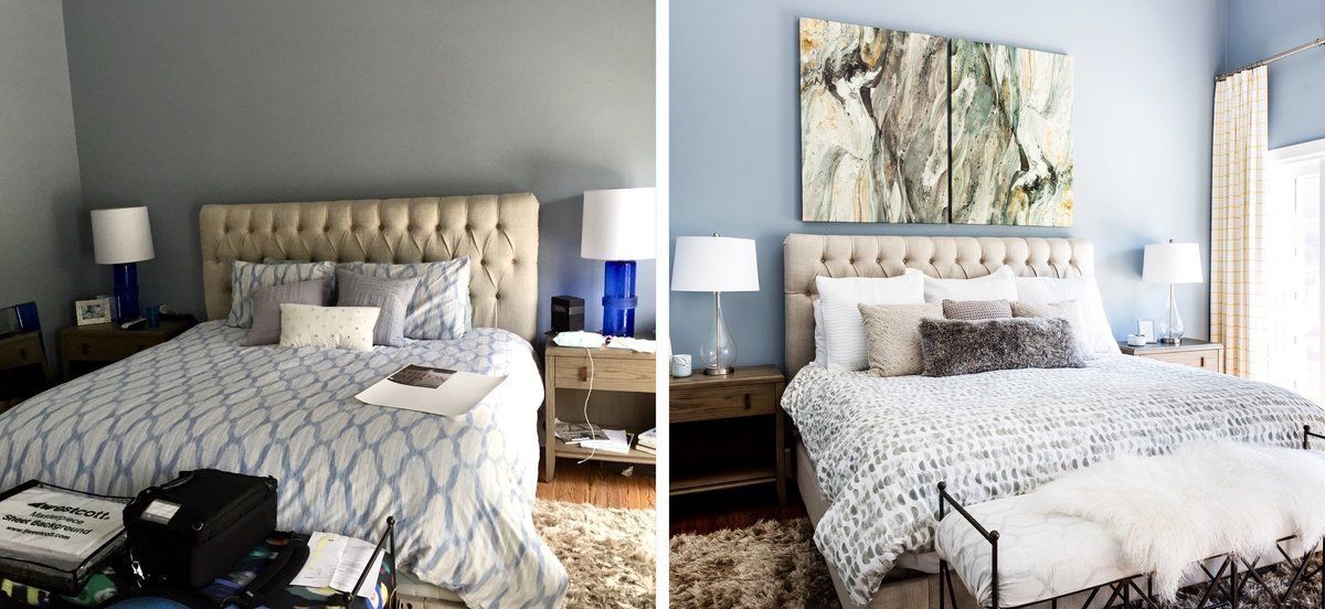 A before and after photo of a bedroom with a bed and a painting on the wall.