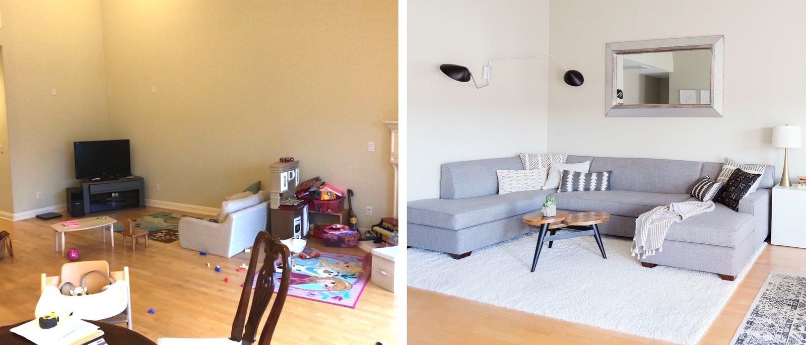 A before and after photo of a living room with a couch and a table.