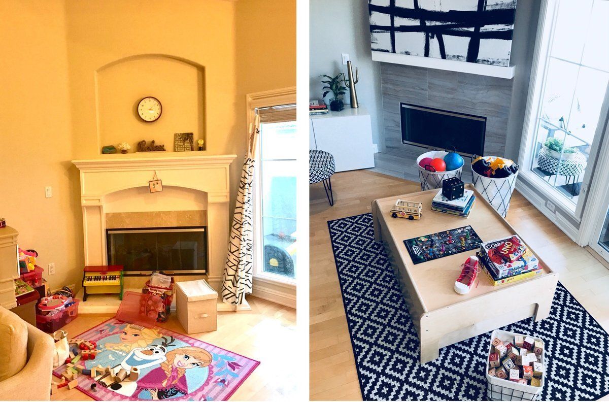 A before and after photo of a living room with a fireplace.