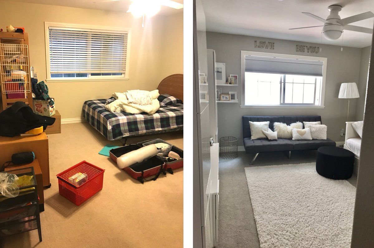 A before and after photo of a bedroom and living room.