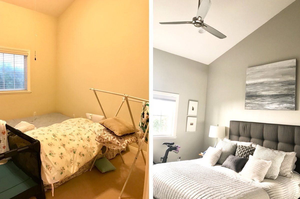 A before and after photo of a bedroom with a bed and a ceiling fan.