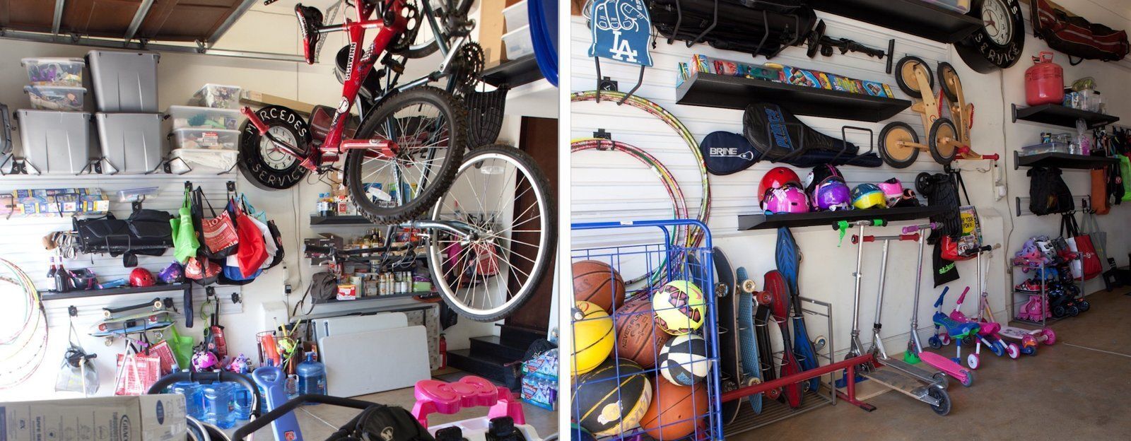 A garage filled with lots of toys and bicycles.
