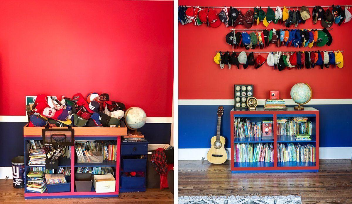 A before and after picture of a child 's room with a bookshelf and a guitar.