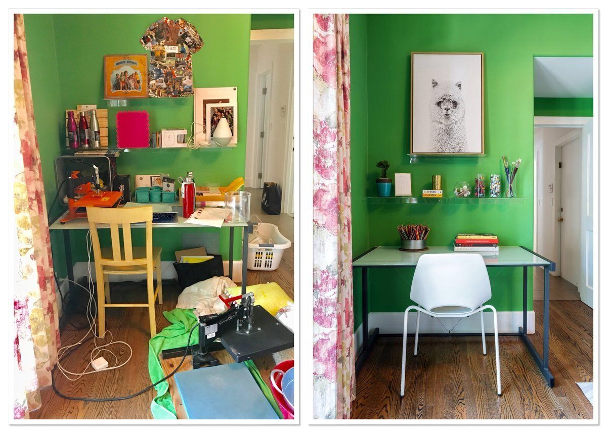 A before and after photo of a messy desk and chair