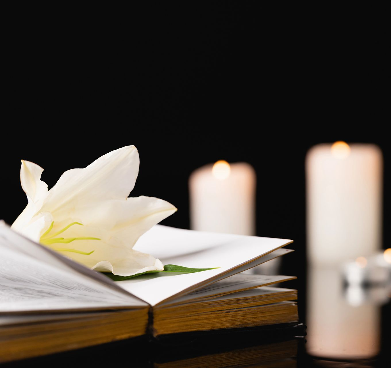 Libro aperto con giglio bianco e candele accese su sfondo nero.