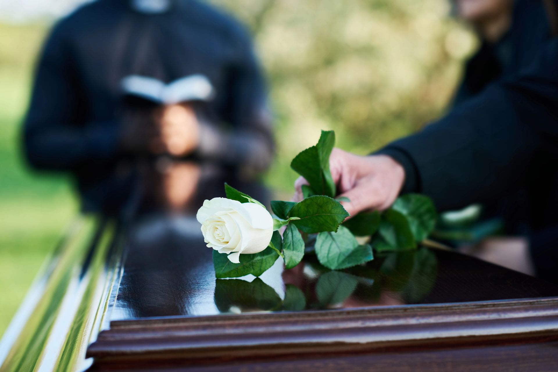 Durante un funerale, una persona depone una rosa bianca su una bara chiusa.