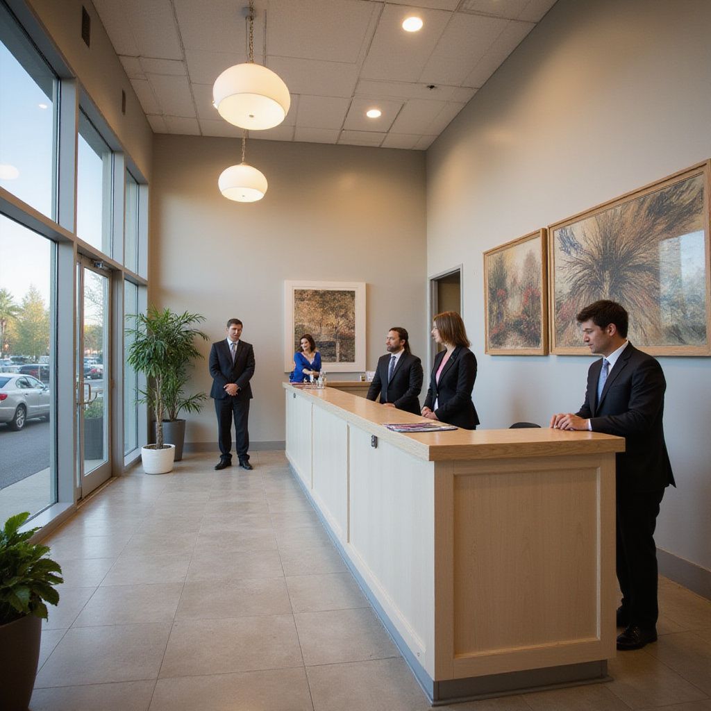 Area reception con personale in giacca e cravatta. Alte finestre, pareti neutre, opere d'arte moderna e lampade.