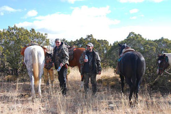 A group of men standing next to horses in a field