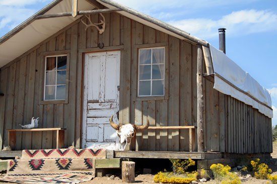 A goat with horns sits on the porch of a small house
