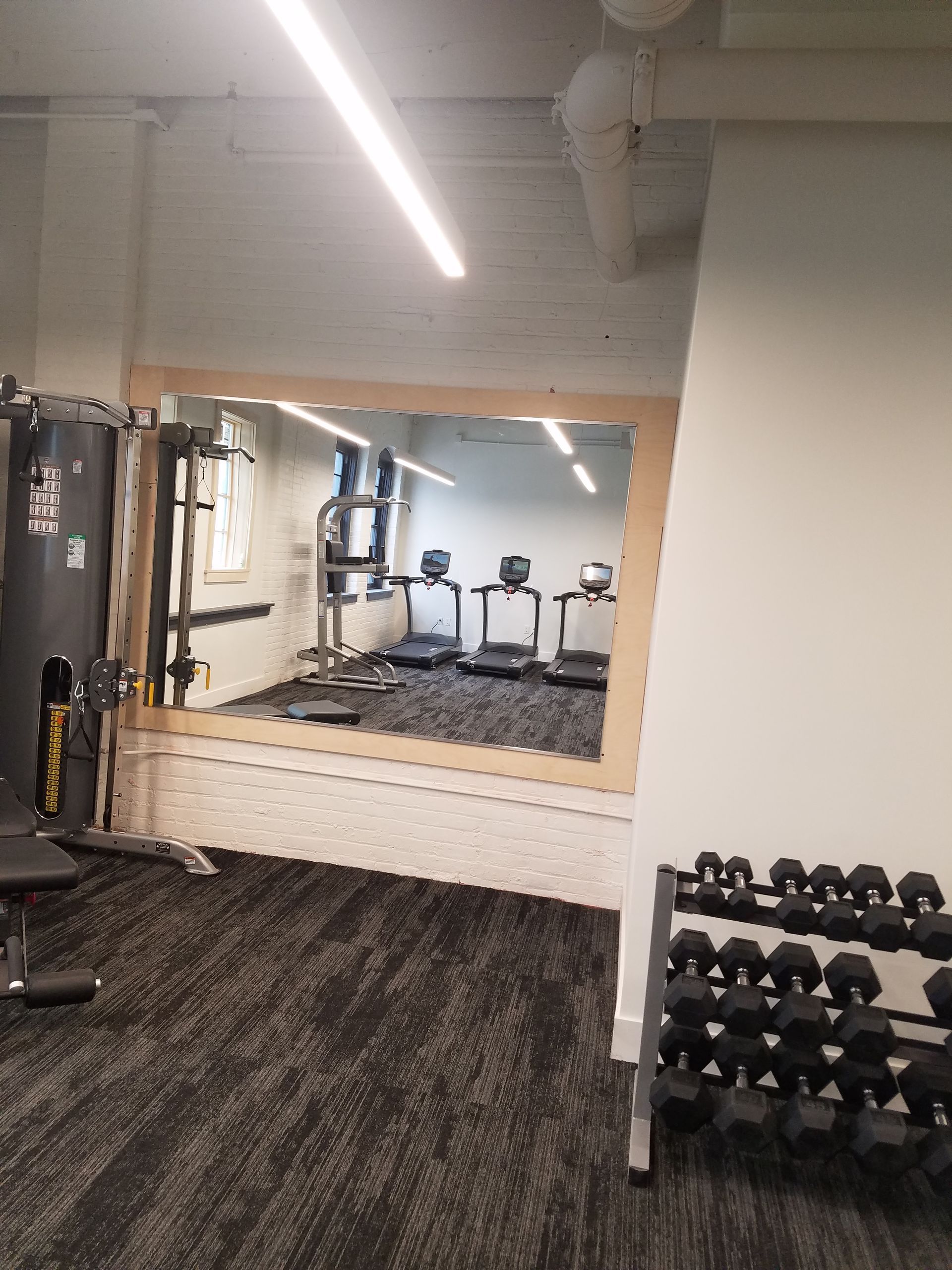 A gym with treadmills , dumbbells , and a large mirror.