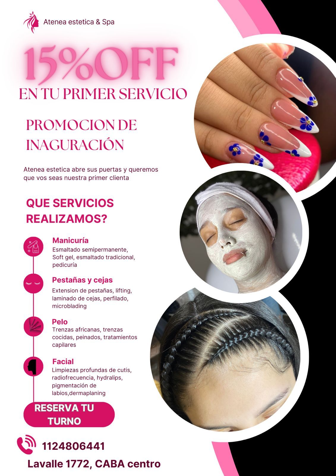 Anuncio de un spa con acentos rosas y tres fotos circulares: uñas, mascarilla y trenzas de cabello.