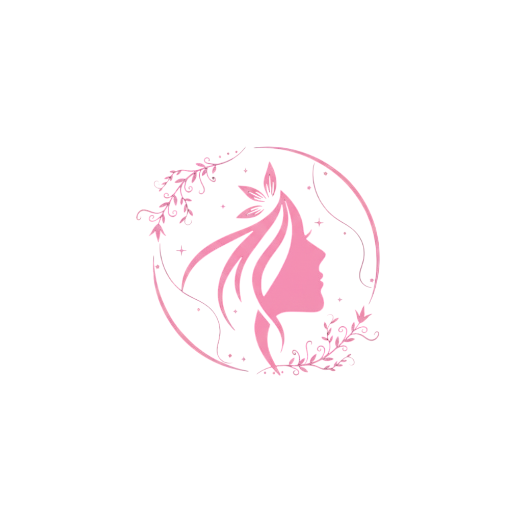 Silueta rosa de perfil de mujer, cabello suelto con corona de hojas, rodeado de un círculo floral.