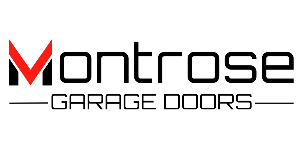 Logo for "Montrose Garage Doors" with a stylized red and black "M" emblem and black text on a white background.