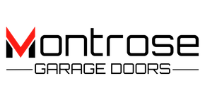 Logo for "Montrose Garage Doors" with a stylized red and black "M" emblem and black text on a white background.