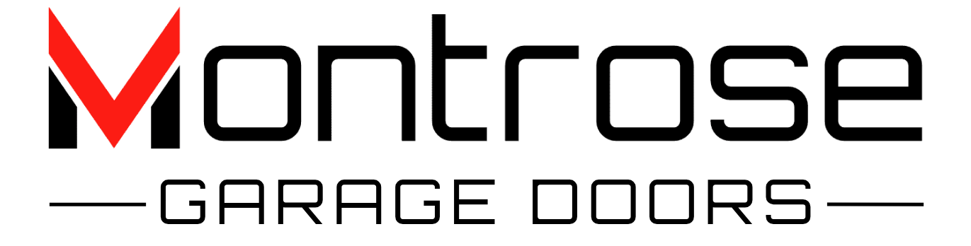 Logo for "Montrose Garage Doors" with a stylized red and black "M" emblem and black text on a white background.