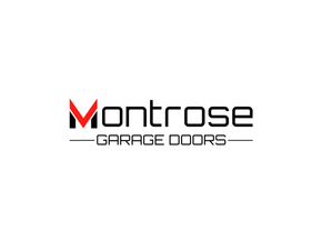 Logo for "Montrose Garage Doors" with a stylized red and black "M" emblem and black text on a white background.