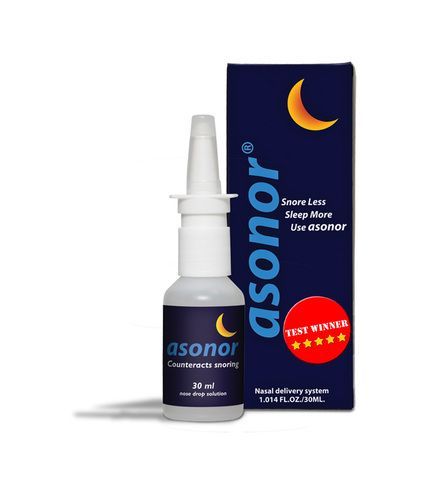Asonor sleep aid nasal spray bottle and box in white and navy packaging with a crescent moon