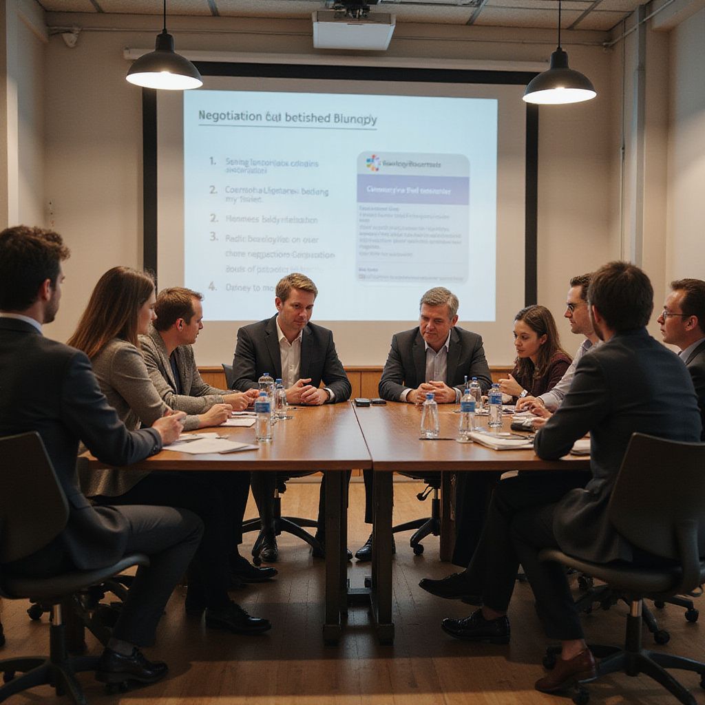 People in business attire seated around a table, attending a meeting in a conference room. Presentation on screen.