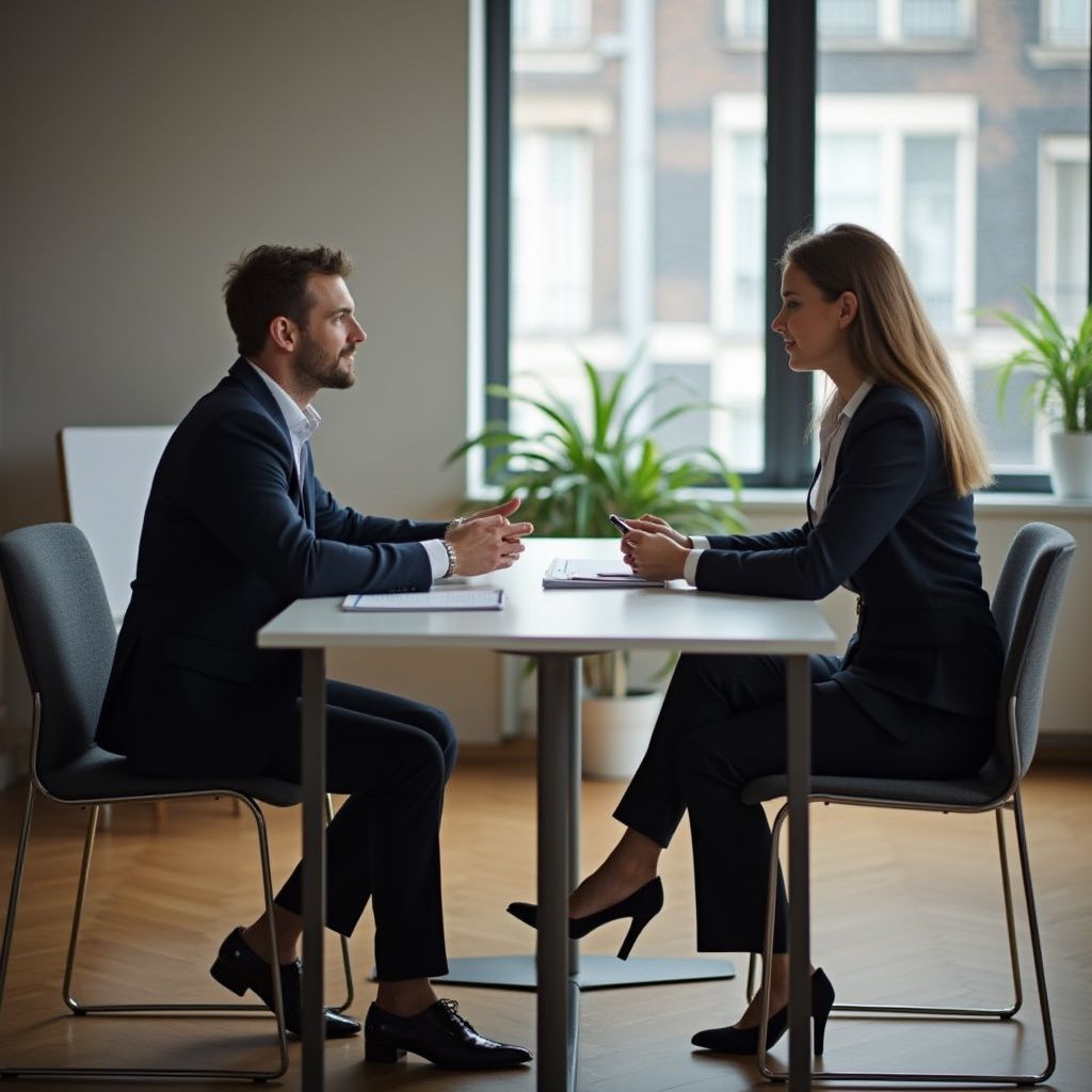 Man and woman in suits at a table, likely in an office setting. They face each other, talking.