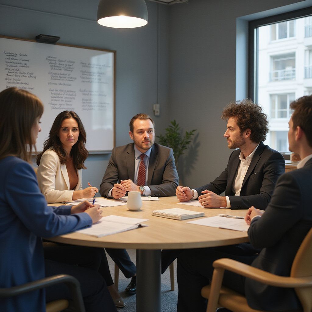 Business team in a meeting around a round table, discussing documents.