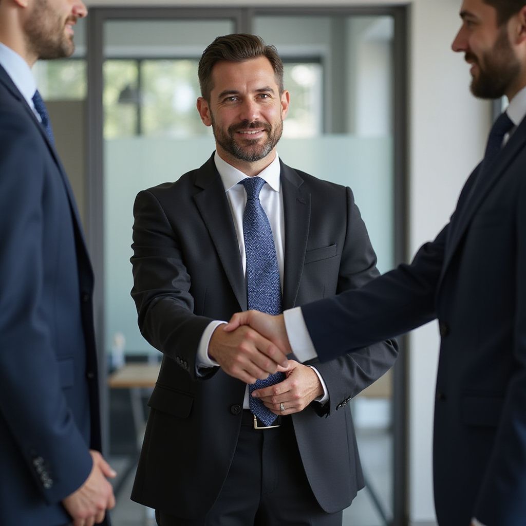 Three men in suits shaking hands in an office, smiling.