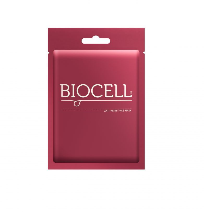 Burgundy Biocell retail package with a hanging tab and white logo text