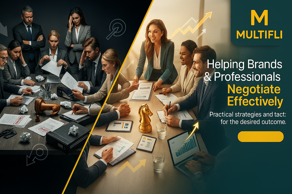 Group negotiates around tables, some smiling, others looking stressed. 