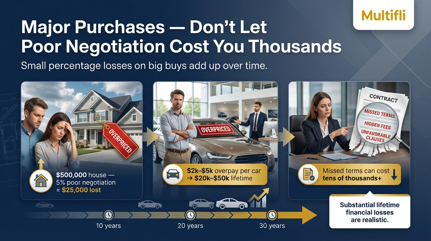  showing negotiation impact on major purchases: house, car, contract.