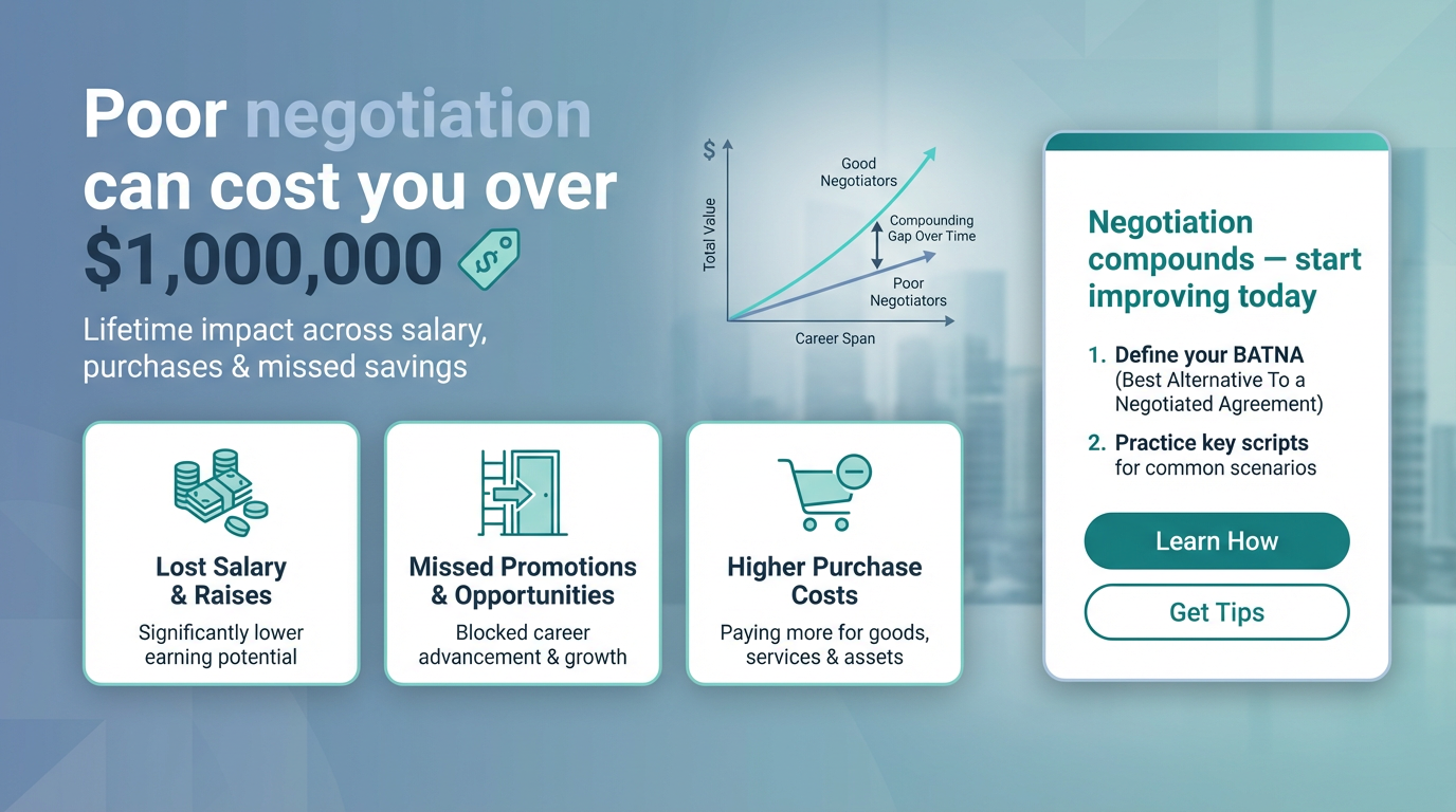  Poor negotiation can cost over $1,000,000. It shows lost salary, missed promotions, and higher costs.