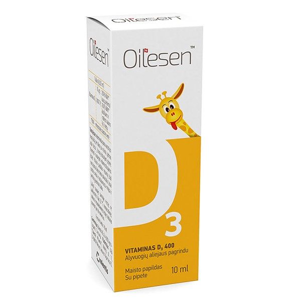 Oiliesen D3 vitamin supplement box, white and orange with a giraffe illustration