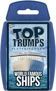 Blue Top Trumps card case for “World Famous Ships” game with a ship image on the front
