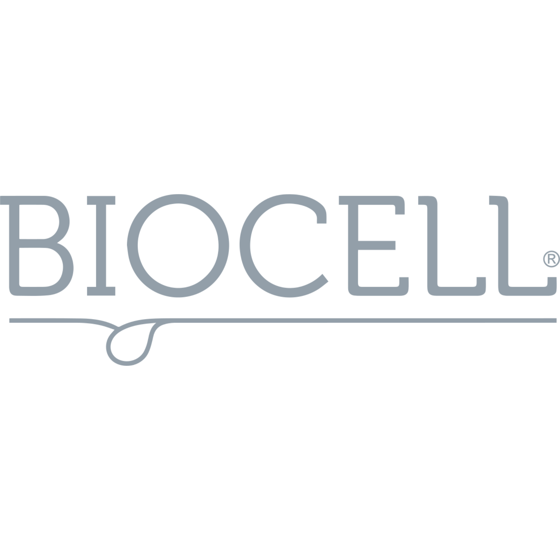 BIOCELL logo in light gray with a thin underline and curled flourish