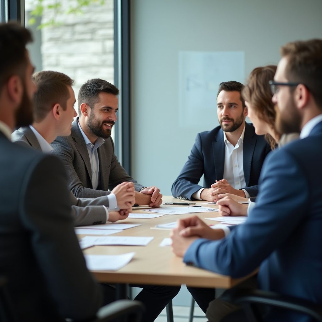 Business people in suits sitting around a table in a meeting, papers present, looking at each other.
