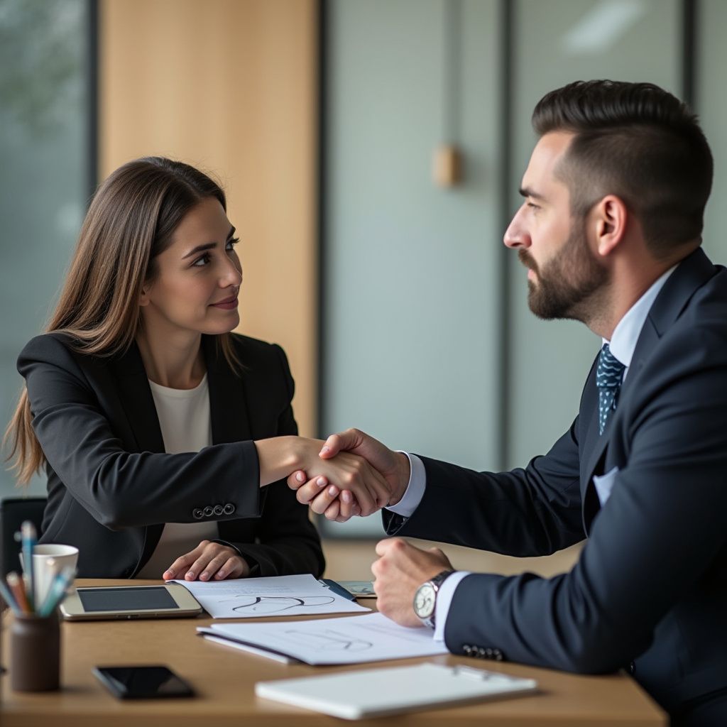 Woman and man in suits shaking hands at a table, documents and a tablet visible.
