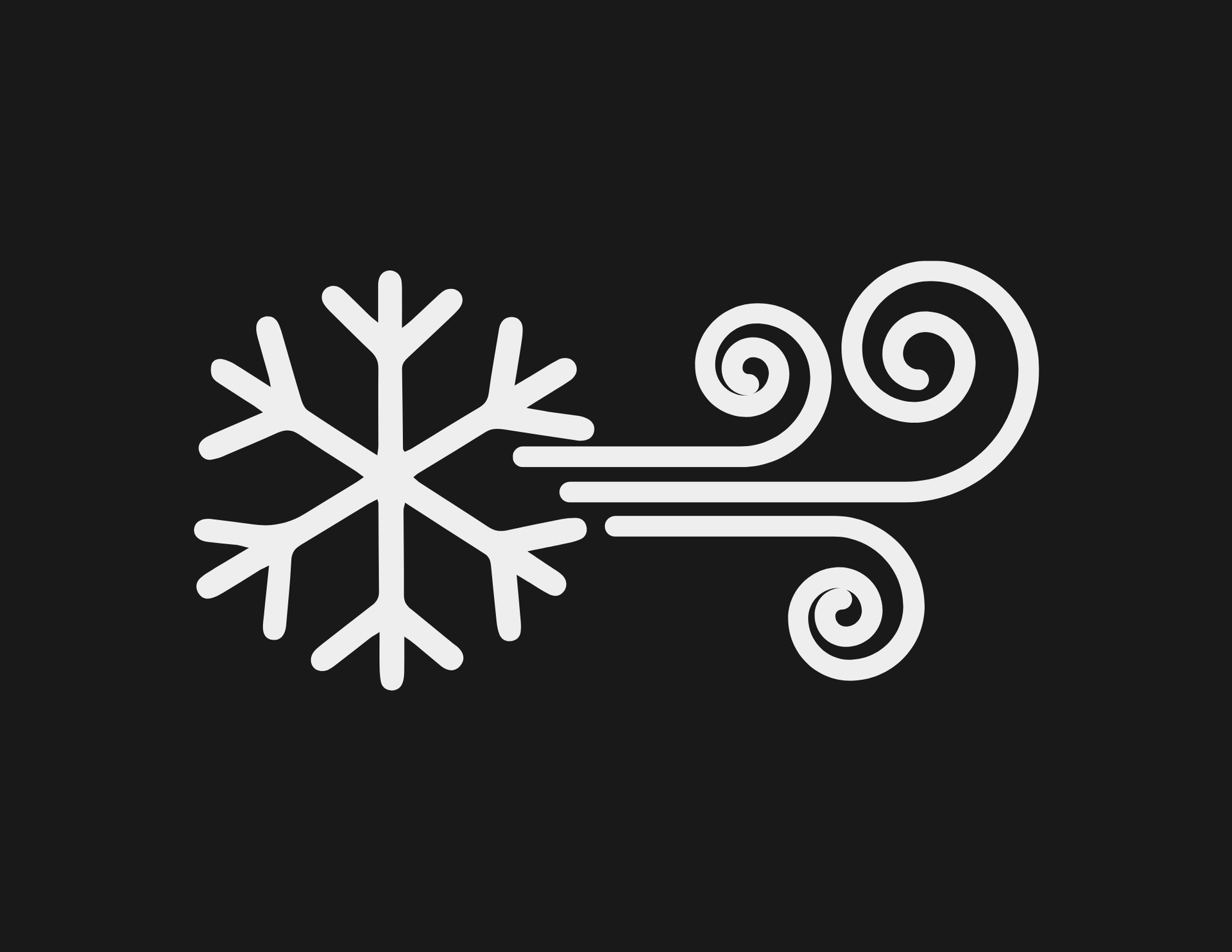 White snowflake with swirling wind lines on a dark background