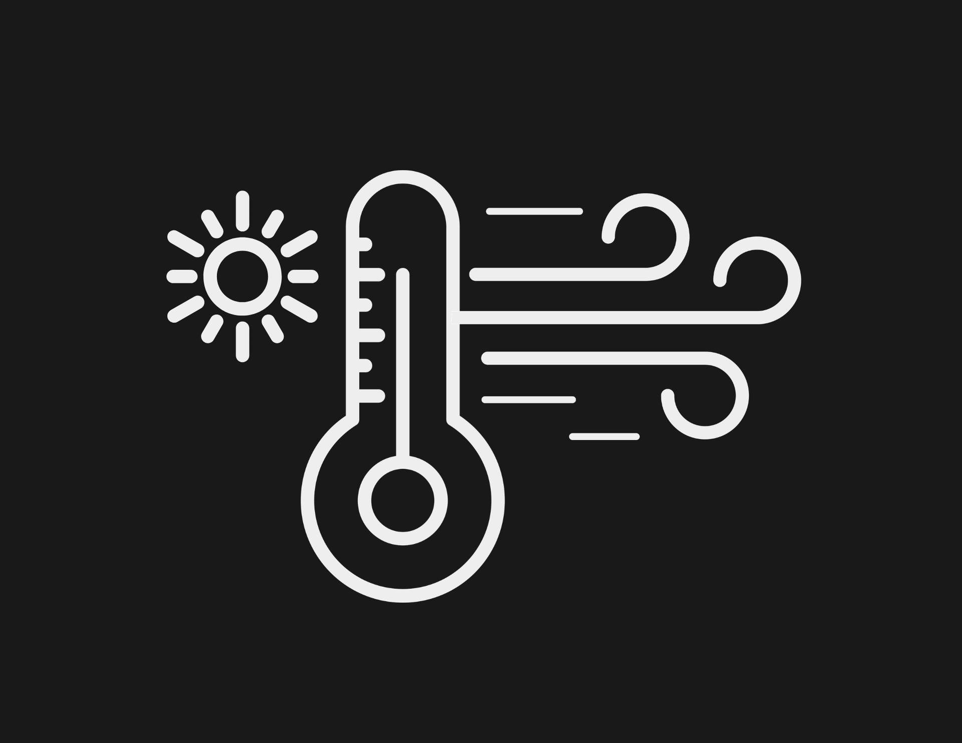 White weather icon showing a sun, thermometer, and wind on a dark background