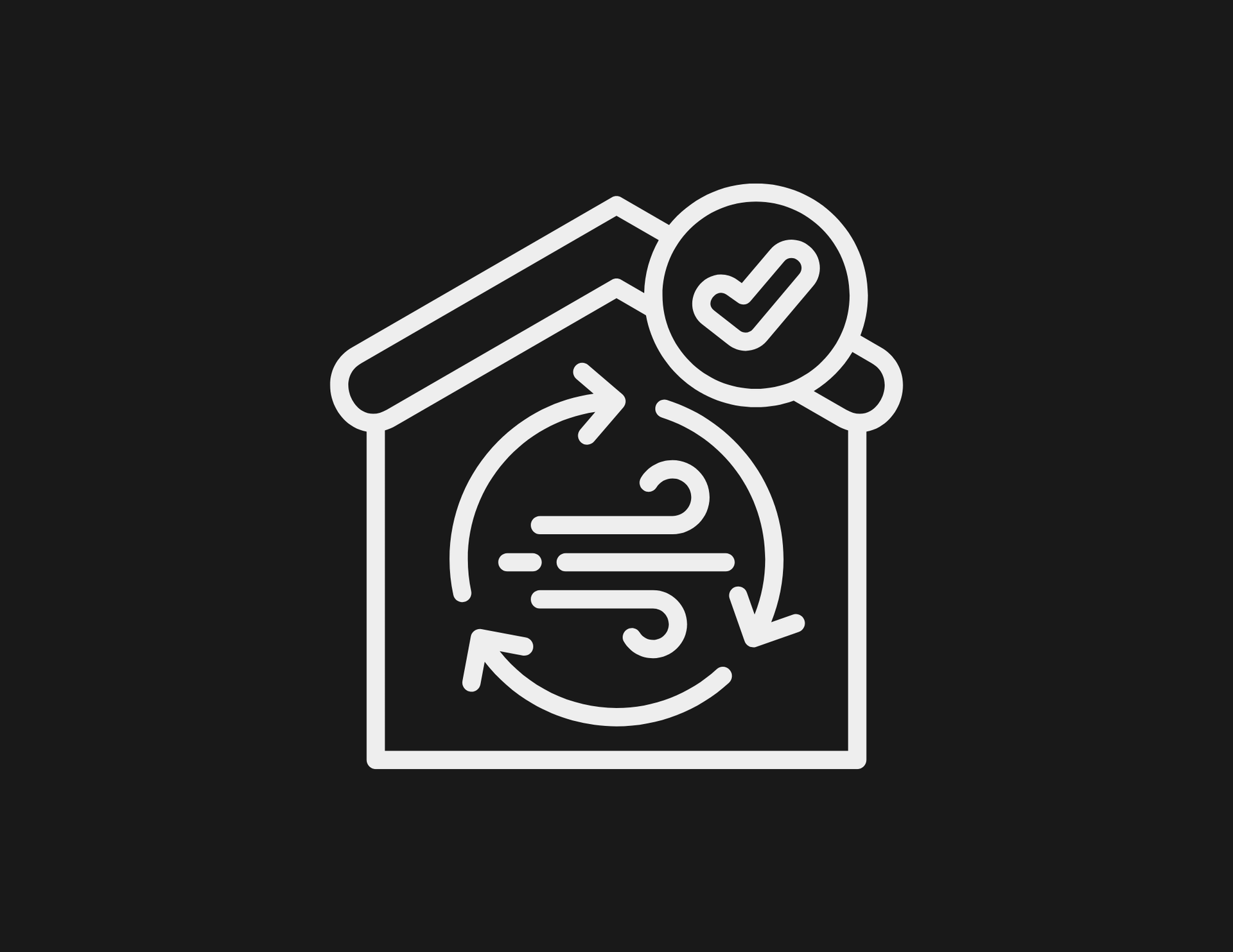 White line icon of a house with a circular refresh symbol and checkmark on a dark background
