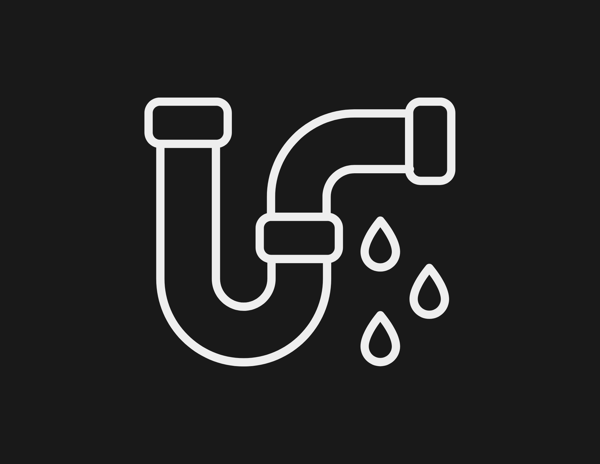 White outline icon of a leaking sink drain pipe with water drops on a dark background