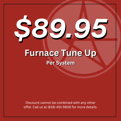 Red promo flyer offering furnace tune-up for $89.95 per system, with fine print and phone number.