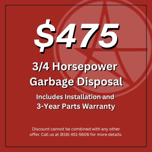 Red sale sign advertising $475 3/4 horsepower garbage disposal, installation, and 3-year parts warranty