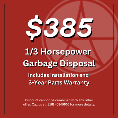 Red ad for $385 1/3 horsepower garbage disposal, includes installation and 3-year parts warranty.