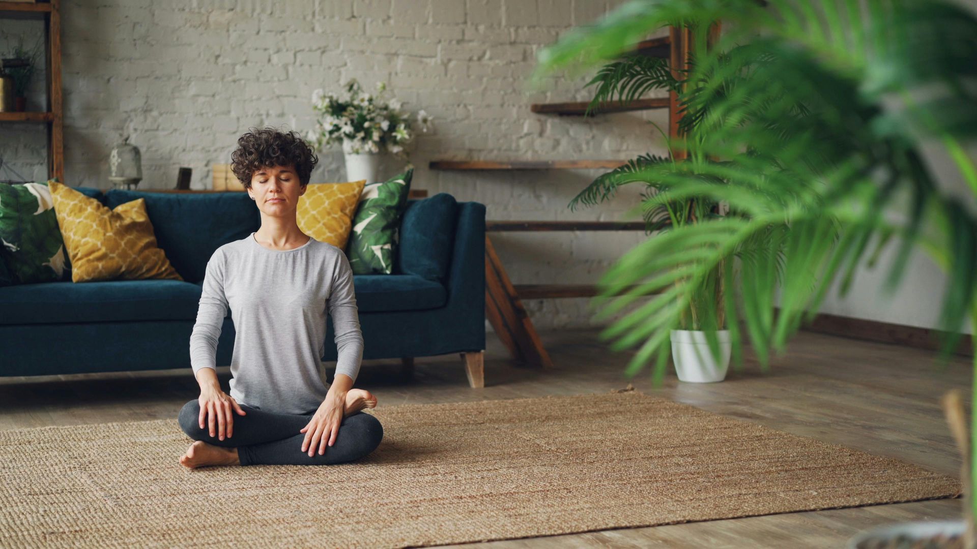 Person sitting cross-legged on a rug in a living room, with a blue sofa and plants in the background.