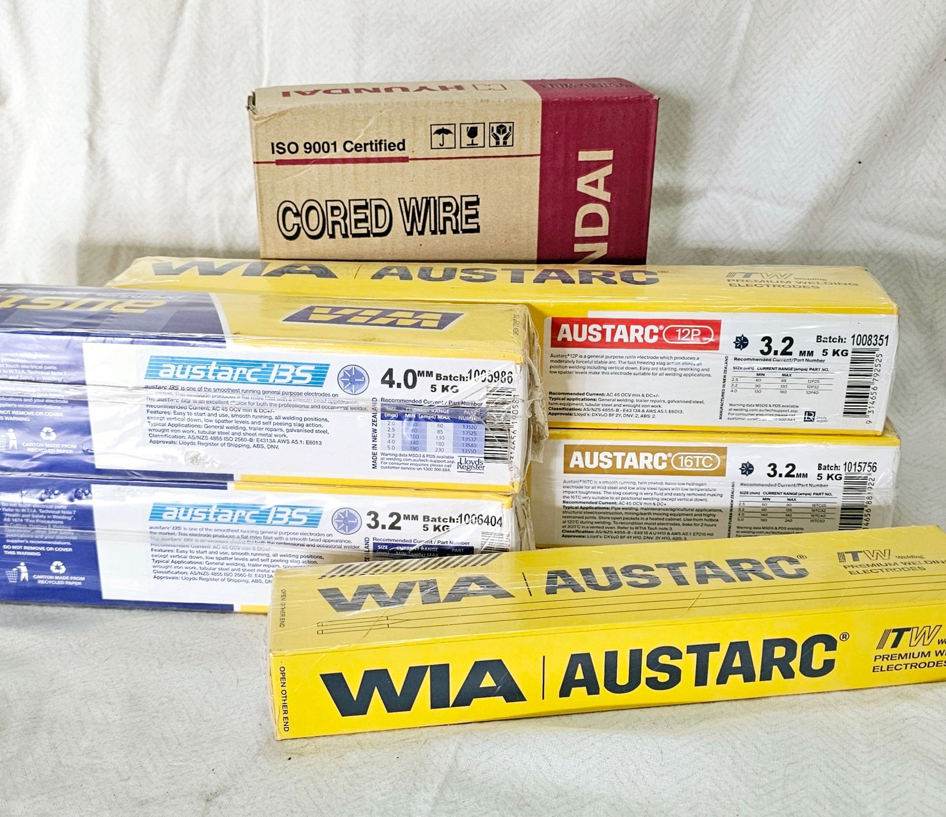 A bunch of boxes of wia austarc welding wires