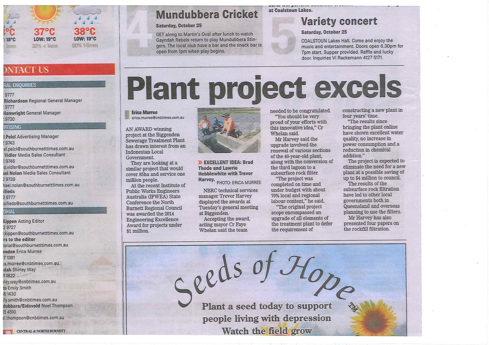 A newspaper article about a plant project excels