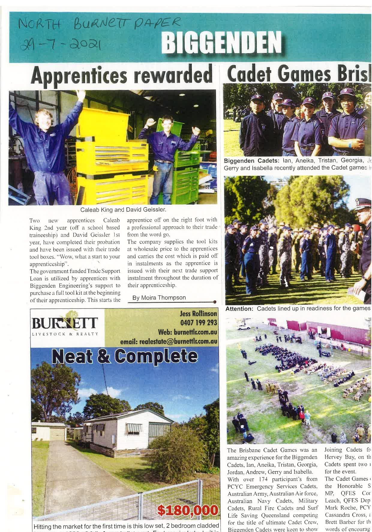 A newspaper article about biggenden apprentices rewarded cadet games