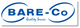 A blue and white logo for bare-co quality service
